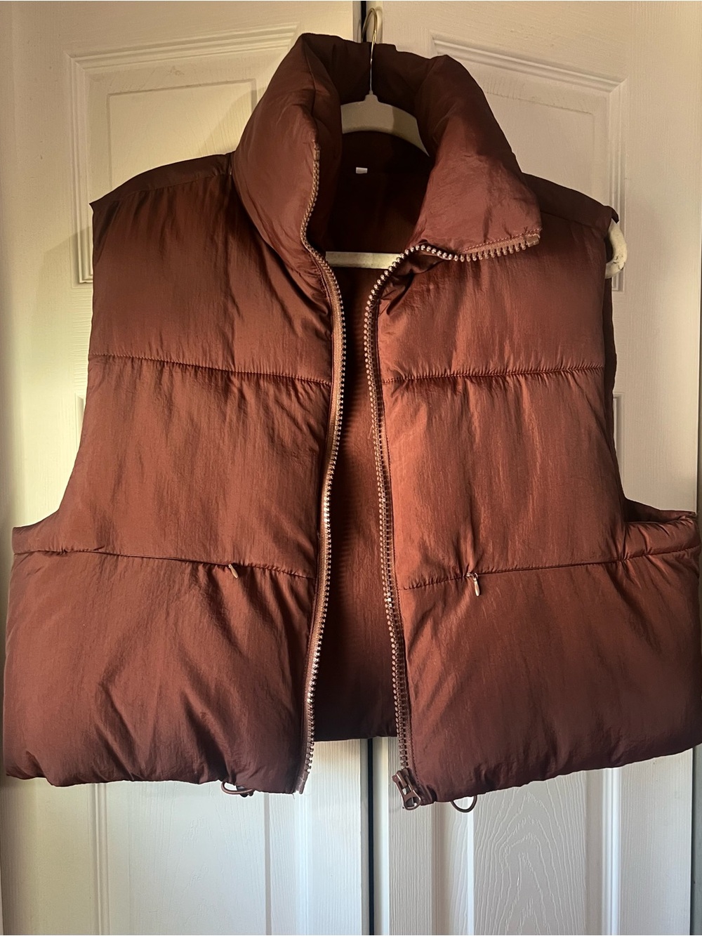 Brown Puffer Vest - Sleeveless Zip Front